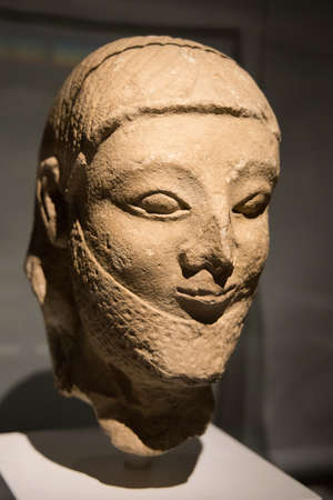 Leiden, The Netherlands - JAN 04, 2020: a statue of the head of a man with a beard made from...