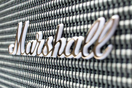 Schiedam, The Netherlands - OCT 27, 2019: closeup of the logo on a retro look Marshall Kilburn bluetooth speaker.のeditorial素材