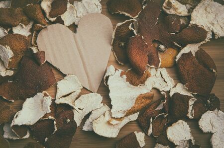 cardboard heart amidst dry citrus peel in vintage lookの写真素材