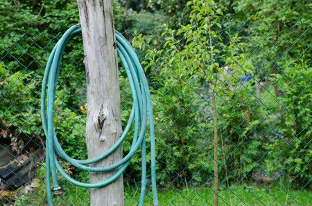 rolled up watering hose hanging on a wooden pillar of a fence in the gardenの写真素材