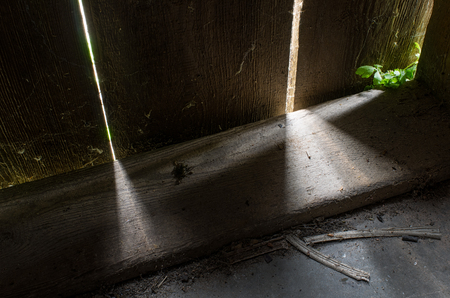 light and life getting though the breaks between old wooden boards building a rustic doorの写真素材