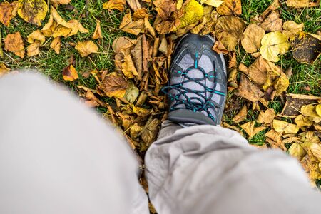 Walking in autumn. Man walk in park outdoorの写真素材