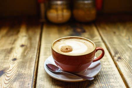 Cappuccino Coffee in wooden table, ukの写真素材