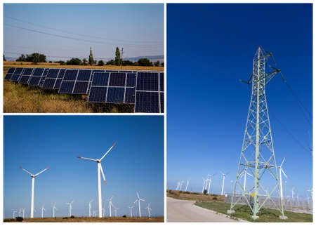 Renewable electricity concept Solar Panels, Windmills and Pylonの写真素材