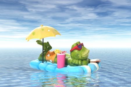 A frog relaxing on a raft in the middle of the oceanの写真素材