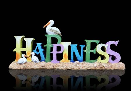 A happiness sign at the beach with sand and birdsの写真素材
