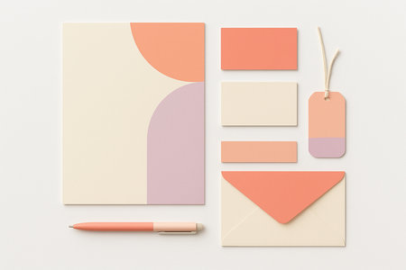 A high-resolution flat lay of a Sunset Glow-themed branding set featuring a letterhead, business card, tag, envelope, and pen arranged neatly on a white background.の素材
