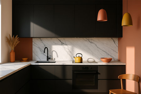 Modern kitchen with matte black cabinets, marble countertops, coral & mustard accents. Premium.の素材