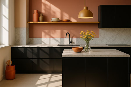 Modern kitchen with matte black cabinets, marble countertops, coral & mustard accents. Premium.の素材