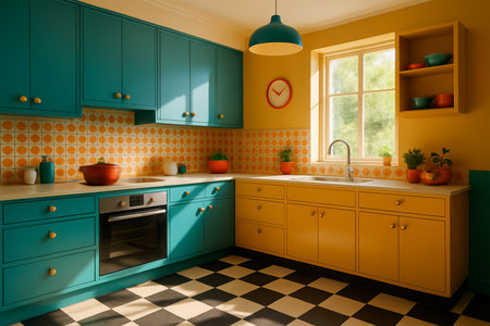 Colorful retro kitchen with teal & mustard cabinets, checkerboard floor, vibrant sunlight.の素材