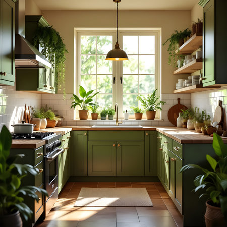 Tropical Green Kitchen with olive cabinets, wooden countertops & indoor plants in sunlight.の素材