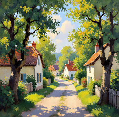 A peaceful oil painting of a village morning featuring small houses, green trees, fresh leaves, and soft sunlight illuminating the quiet, empty surroundings.の素材