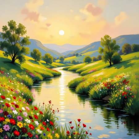 A serene oil painting capturing a vibrant morning landscape with flowing river, green hills, trees, and colorful flowers glowing under soft golden sunlight.の素材