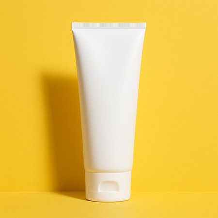 A premium white facewash tube standing upright against a vibrant lemon-colored background, emphasizing a sleek, product-focused, high-quality skincare presentation.の素材