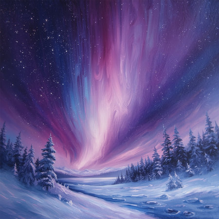 A hyper-detailed oil painting of northern lights in vivid amethyst and violet, swirling over snow-covered forests and icy landscapes under a starry night sky.の素材