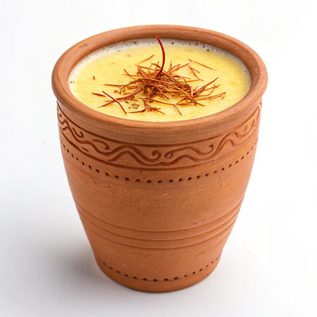 Traditional Clay Glass of Saffron Lassi on White Backgroundの素材