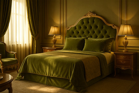 Olive Green and Gold Elegant Bedroom Interior with Sunlightの素材