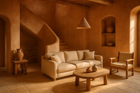 Terracotta and Warm Beige Mediterranean Living Room with Staircase Interiorの素材