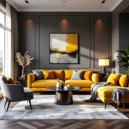 Mustard Yellow and Deep Gray Premium Living Room Interior with Sunlightの素材