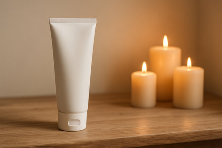 White Facewash Tube Mockup on Wooden Table with Candlesの素材