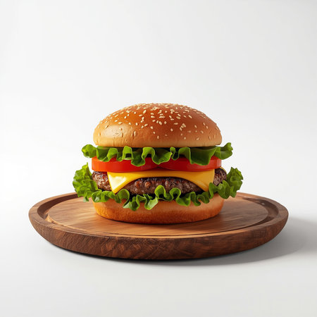 Classic Burger on Wooden Plate with White Backgroundの素材