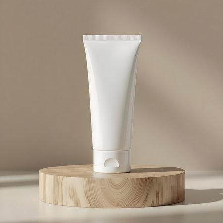 White Facewash Tube on Wooden Podium with Neutral Backgroundの素材