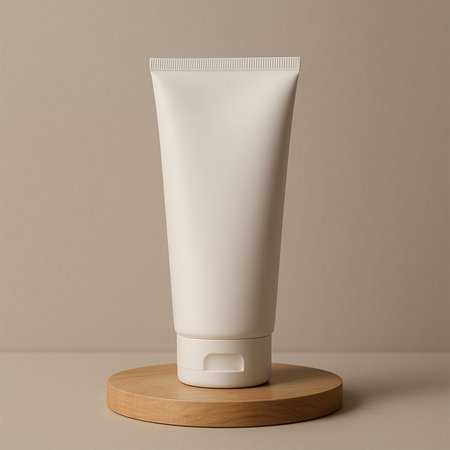 Hyper-realistic white facewash tube mockup on round wooden podium with neutral background, soft lighting, natural shadows, and premium product-focused designの素材