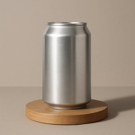 Hyper-realistic silver juice can mockup on round wooden podium with neutral background, elegant lighting, soft shadows, and premium product-focused presentationの素材