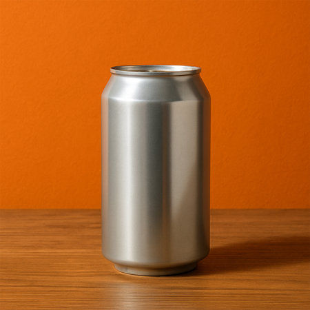 Hyper-realistic silver juice can mockup on wooden table with vibrant orange wall background, soft lighting, realistic shadows, and product-focused designの素材