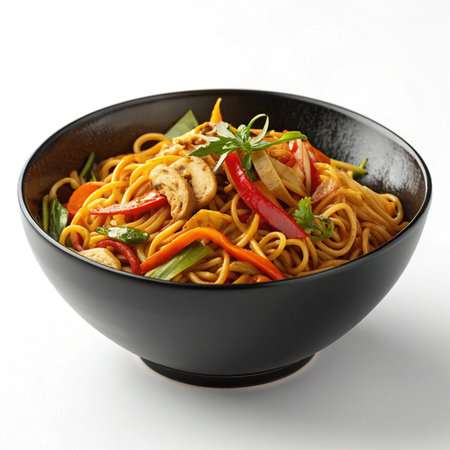 Hyper-realistic chow mein in a black bowl on a clean white background, minimal flat lay, vibrant textures, fresh ingredients, perfect PNG presentationの素材