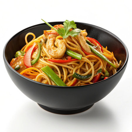 Hyper-realistic chow mein in a black bowl on a clean white background, minimal flat lay, vibrant textures, fresh ingredients, perfect PNG presentationの素材