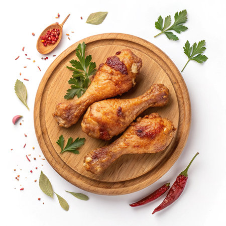 Hyper-realistic chicken drumsticks on a wooden plate, clean white background, minimal flat lay, crispy textures, perfect PNG-ready presentationの素材