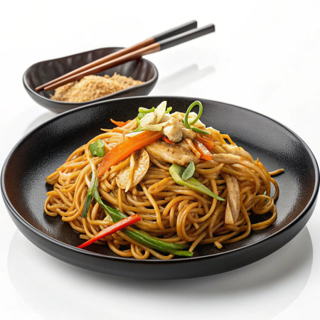 Hyper-realistic chow mein in a black plate, clean white background, minimal flat lay, vibrant noodles and vegetables, perfect PNG-ready presentationの素材