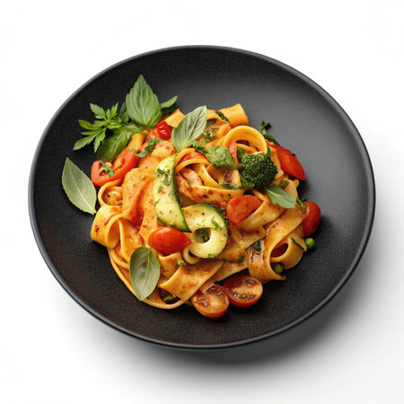 Hyper-realistic pasta on a black plate, clean white background, flat lay, vibrant textures, fresh ingredients, minimal and PNG-ready presentationの素材