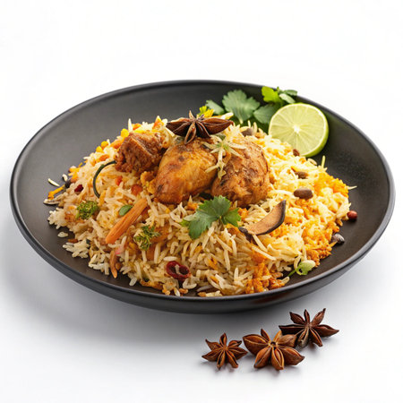 Hyper-realistic biryani on a black plate, clean white background, vibrant spices and rice textures, minimal flat lay, perfect PNG-ready presentationの素材