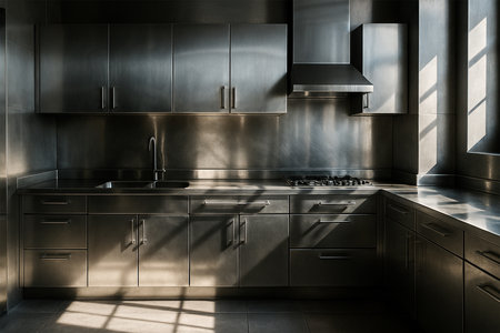 Hyper-realistic metallic kitchen with stainless steel cabinets, countertops, and backsplash, industrial vibe, natural sunlight, modern and sleek interiorの素材