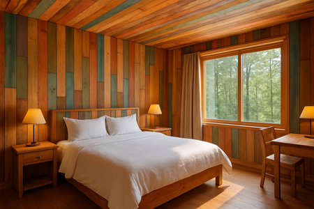 Hyper-realistic colorful wood panel bedroom with multicolored wood walls, ceiling, and furniture, playful warm hotel interior, forest view outsideの素材