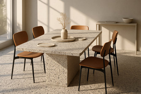 Hyper-realistic terrazzo dining room with terrazzo flooring, table, and decor items, sunlit interior, modern design, clean and stylish aestheticの素材