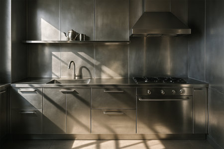 Hyper-realistic metallic kitchen with stainless steel cabinets, countertops, and backsplash, industrial vibe, natural sunlight, modern and sleek interiorの素材