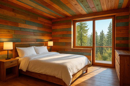 Hyper-realistic colorful wood panel bedroom with multicolored wood walls, ceiling, and furniture, playful warm hotel interior, forest view outsideの素材