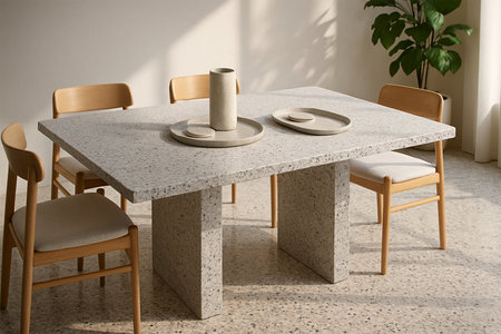 Hyper-realistic terrazzo dining room with terrazzo flooring, table, and decor items, sunlit interior, modern design, clean and stylish aestheticの素材