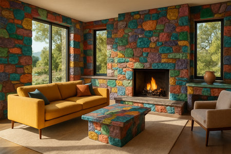 Hyper-realistic colorful stone accent living room with stone walls, countertops, and fireplace, sunlit interior, modern stylish room with outside viewの素材