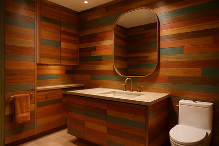 Hyper-realistic colorful wood panel bathroom, premium interior, rich textures, luxurious design, warm playful aesthetic, modern stylish spaceの素材
