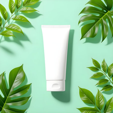 Hyper-realistic white facewash tube mockup on green leaves background, flat lay, premium presentation, fresh and natural product-focused sceneの素材