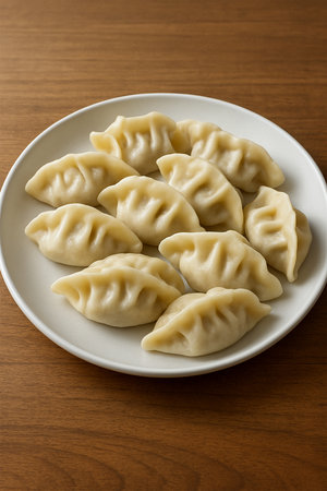 Hyper-realistic dumplings on a white plate placed on a wooden table, premium food presentation, clean minimal aesthetic with natural lightingの素材