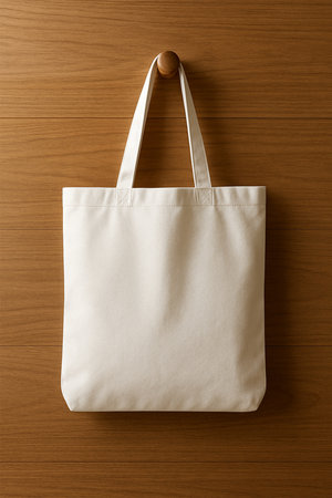 Hyper-realistic white tote bag mockup hanging on a wooden wall hook, clean minimal setup, natural lighting, premium fabric texture, product-focused designの素材