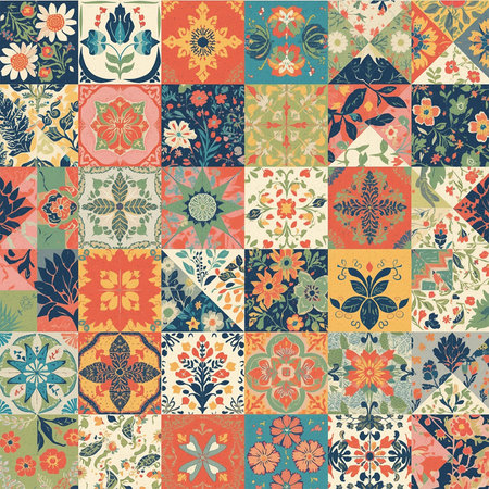 Unique patchwork quilt style illustration with bold geometric and floral blocks, multicolor seamless repeat pattern, perfect for bed sheet printの素材