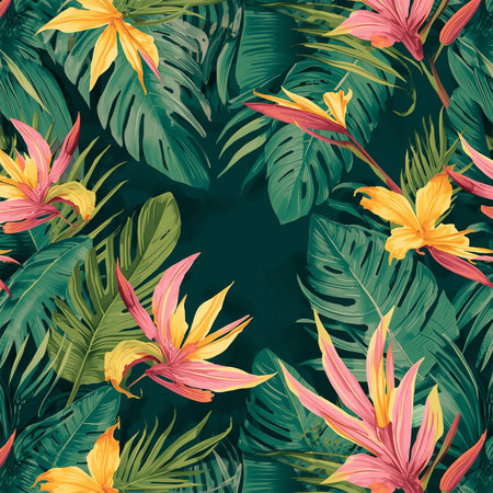 High-resolution tropical paradise illustration with vibrant monstera and banana leaves, exotic flowers in bold greens, pinks, and yellows, for printの素材