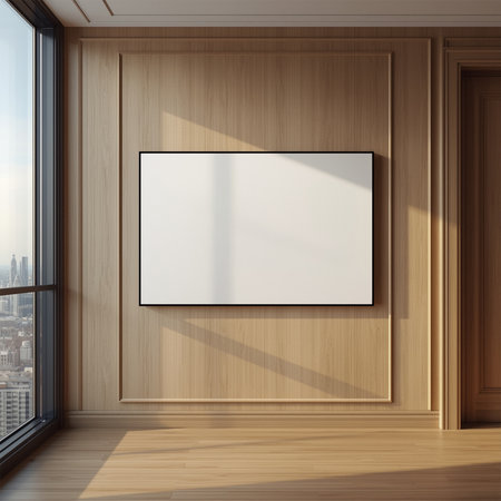 Ultra-luxury modern penthouse interior with panoramic windows, floating canvas with white frame, soft daylight, city skyline view, minimal sophisticated designの素材