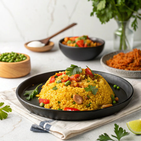 Hyper-realistic Bhuna Khichuri on a black plate on a table, clean white background, focus on spiced rice and lentils, premium food presentationの素材